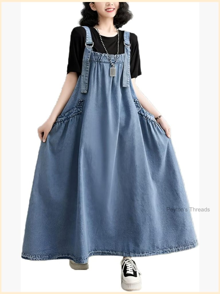 Denim Jumper Dress Loose Maxi Adjustable Straps Wide Hemline